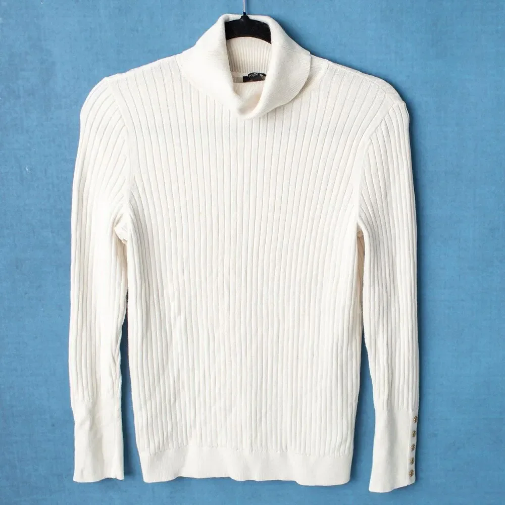 Talbots Petites Medium Women's Ivory Ribbed Turtleneck Sweater Gold Button Cuffs